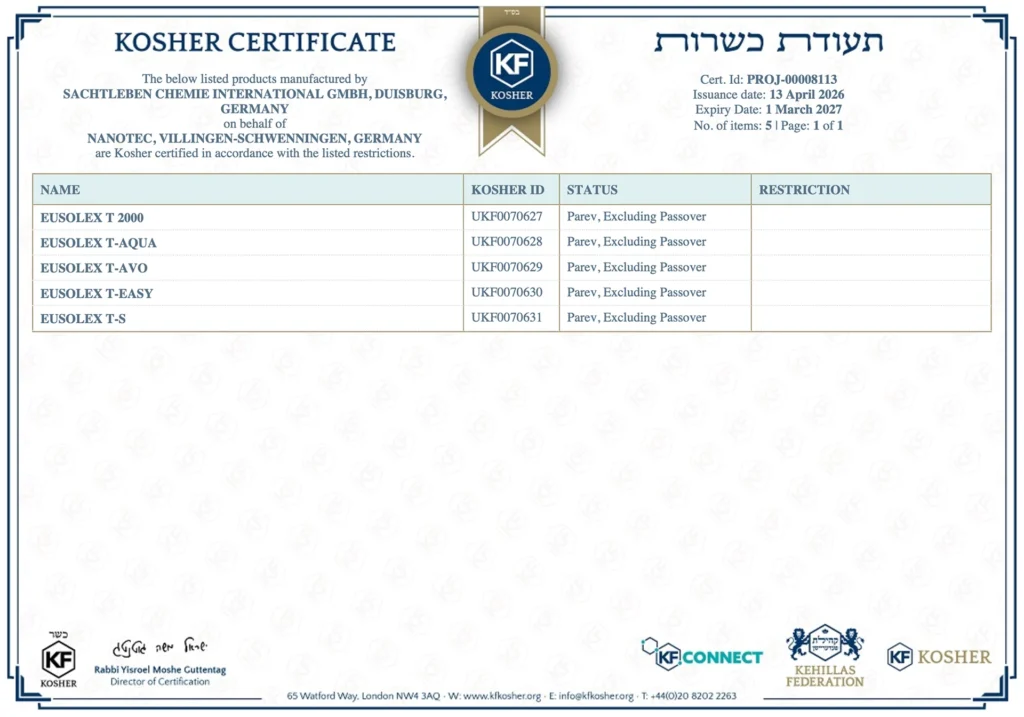 Kosher Certificate 2026 - Eusolex T