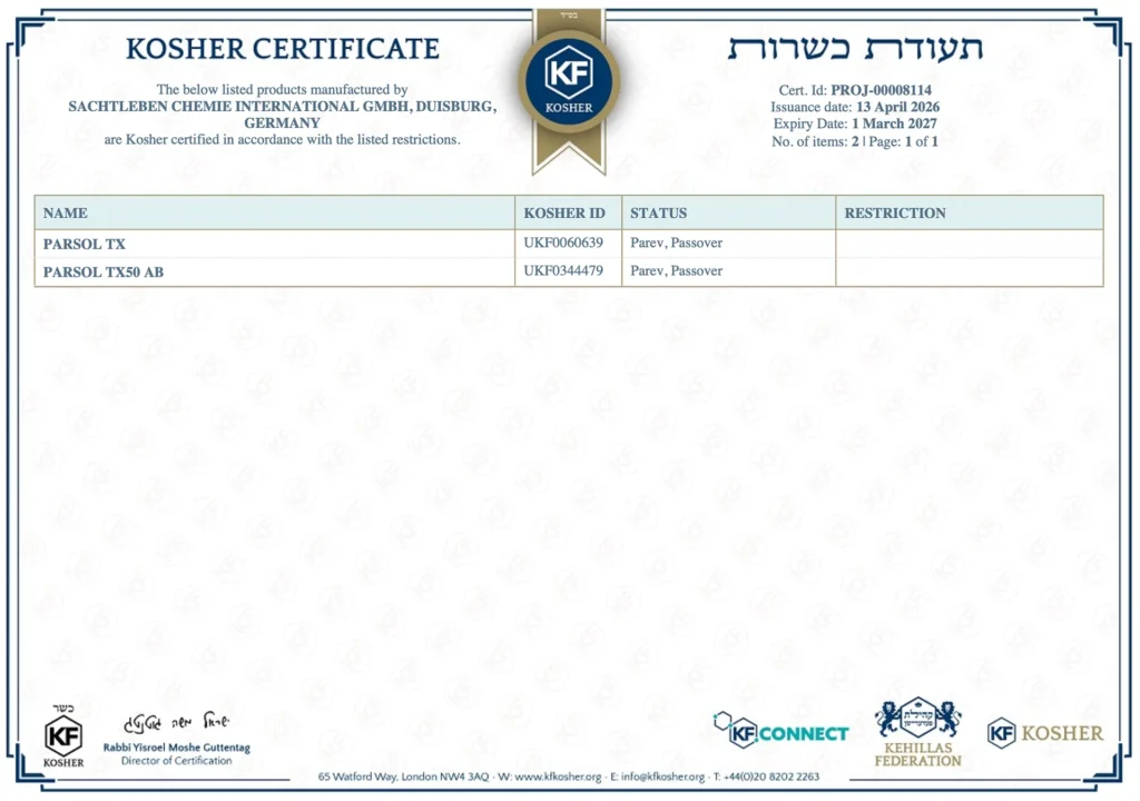 Kosher Certificate 2026 - Parsol TX